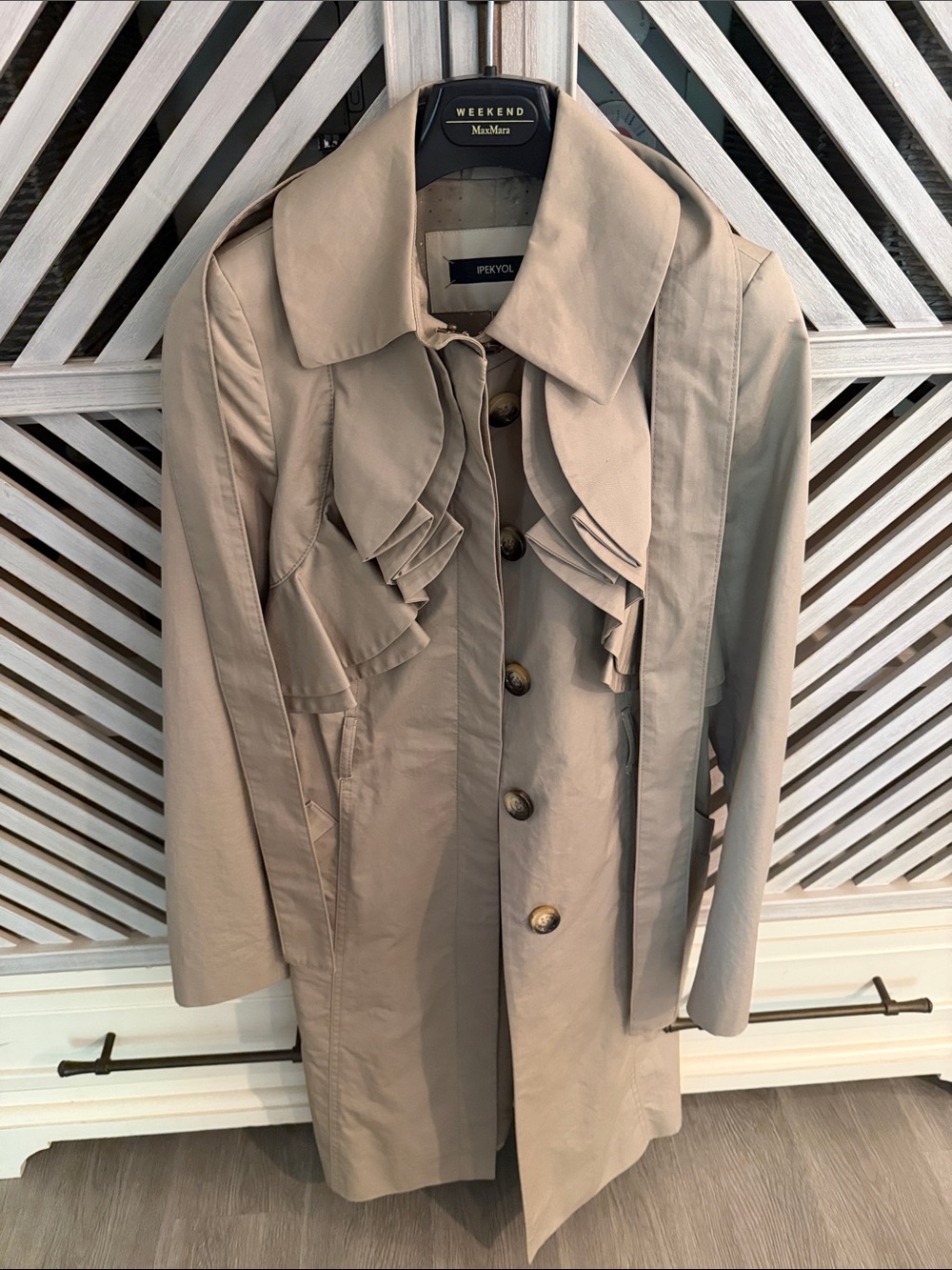 Beige Ruffle-Front Trench Coat - Picture 4 of 6